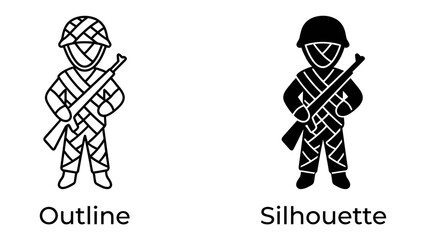 Obraz premium Soldier Icon: A clear visual representation of a soldier in two distinct styles, outline and silhouette, holding a rifle. Perfect for representing military, security, or conflict themes.
