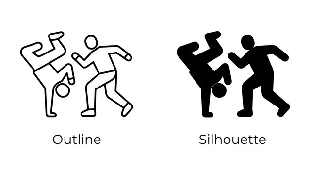 Breakdance Duo: An outline and silhouette icon set showcasing two dancers in dynamic breakdancing poses, highlighting athletic movement and urban culture.