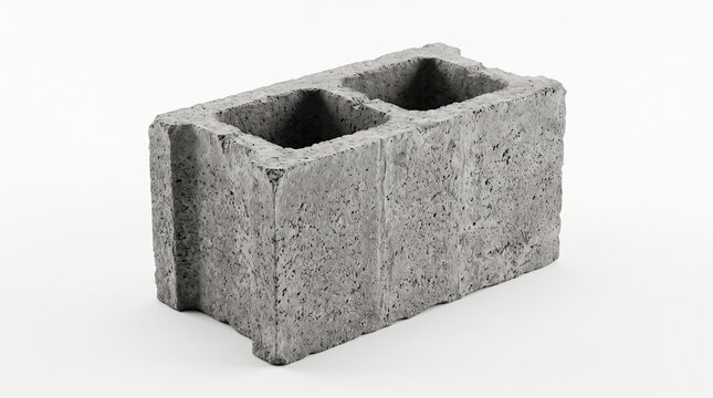 A gray concrete masonry block with two hollow cores. Rough, porous texture. Used for walls, foundations, and load-bearing structures in construction.