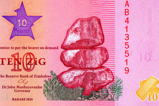 10 Zimbabwe ZiG banknote showing balancing rocks. New Zimbabwe money. African currency. World money.