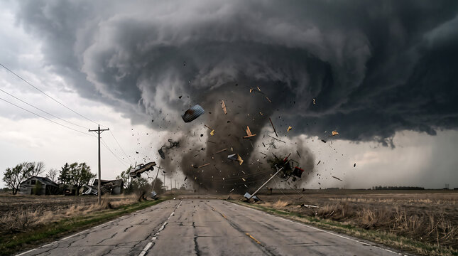 A powerful tornado swirls across a desolate landscape under a dark, threatening sky.