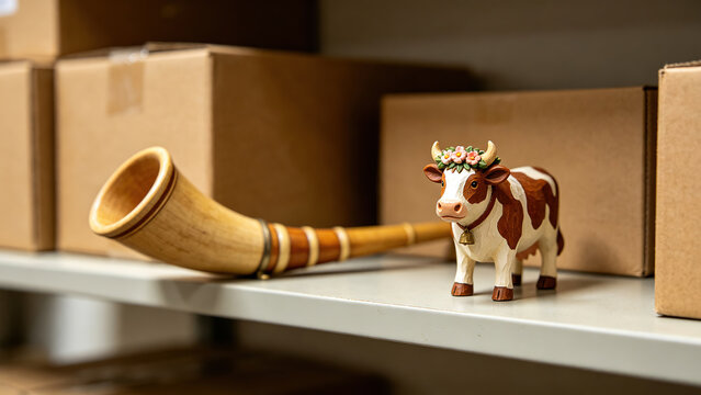  Carved wooden alpine horn and flower-crowned cow figurine on metal shelf with cardboard boxes