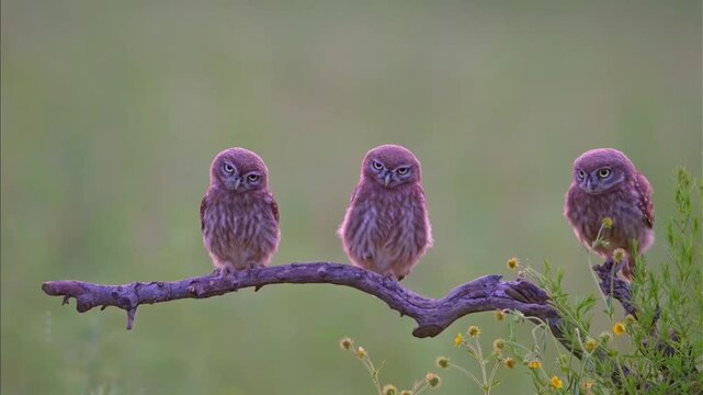 Three Little Owls Perched on a Branch