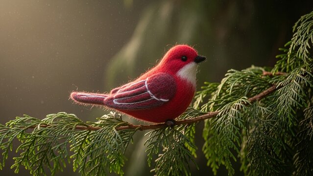 Felted Red Bird Sitting on a Pine Branch in Soft Sunlight
