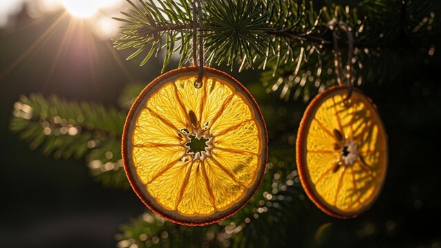Dried orange slices on a pine branch, backlit by the sun, festive natural decoration