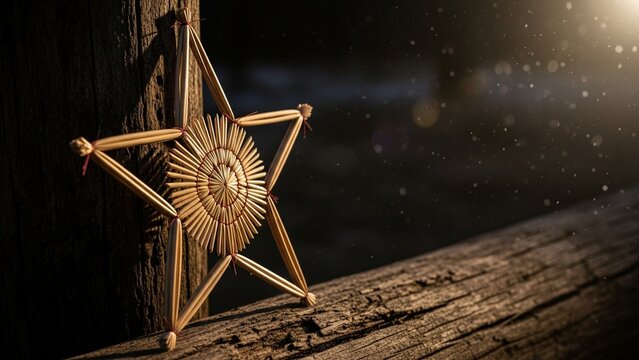 Rustic Straw Star Ornament on Wooden Beam, Natural Christmas Decoration