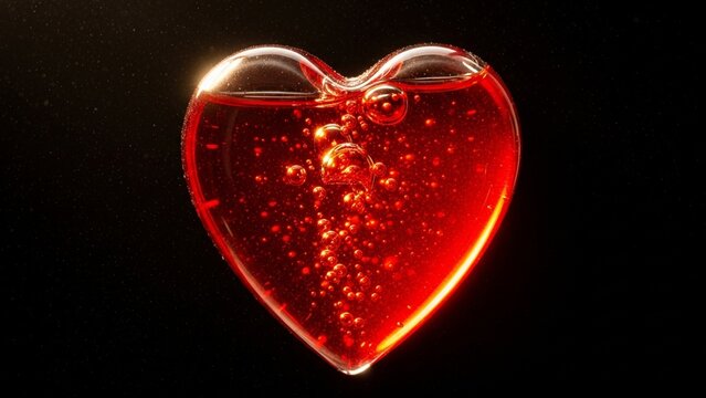Red liquid heart shape with bubbles, dark background, love concept