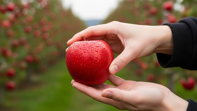 Hand holding fresh red apple with water drops in orchard
