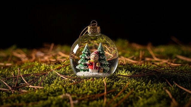 Christmas Snowman Ornament with Pine Trees on Mossy Forest Floor