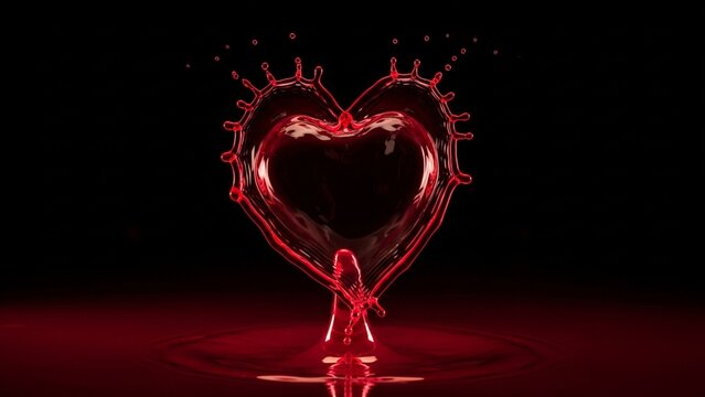 Red Liquid Heart Splash on Black Background, Love Symbol