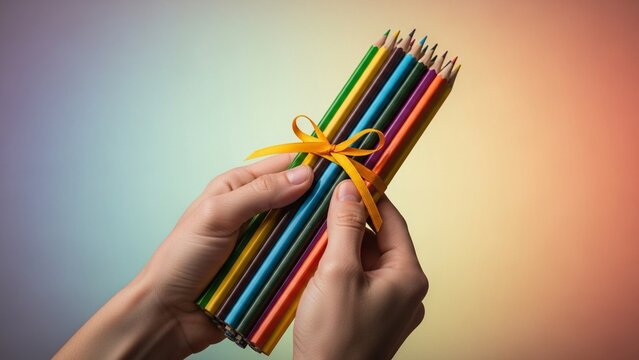 Hands holding colorful pencils tied with ribbon, creativity concept