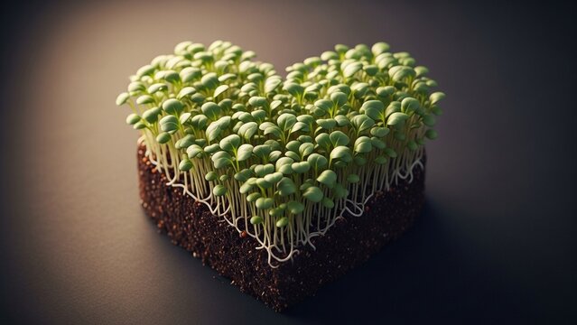 Heart-shaped microgreens growing from soil, symbol of health and love for nature