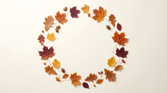 A circular wreath made of colorful autumn leaves arranged on a plain light beige background with copy space