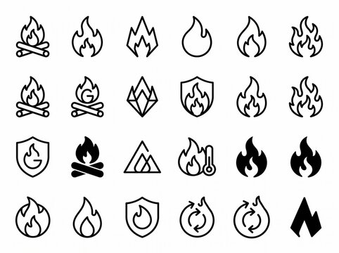 Fire and flame icons, vector symbols. Burning and flame signs. Fiery style collection. Blaze and fire pictograms on white background set.