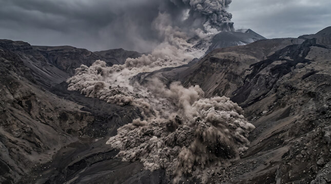 A massive volcanic eruption sends thick ash and debris clouds down the mountainside.