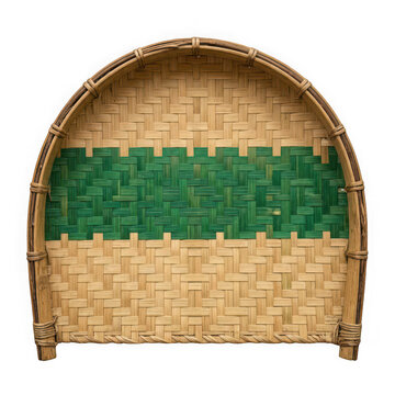 Traditional woven bamboo winnowing tray with green pattern isolated on transparent background