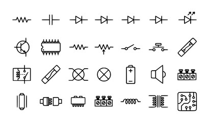 Obraz premium Electronic Circuit Component Icon Set with Resistor, Diode, Chip, and Battery Symbols for Engineering Design Projects