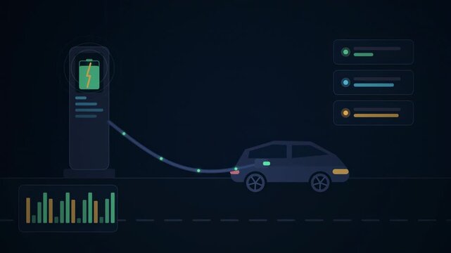 Abstract animated electric vehicle battery filling while charging drawn as green and cyan lines and dots on a deep dark background. Clean 4K motion graphics video element with free space around it, id