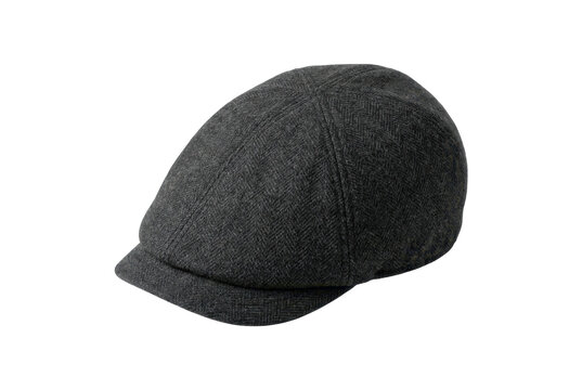 Grey herringbone wool flat cap isolated on black background