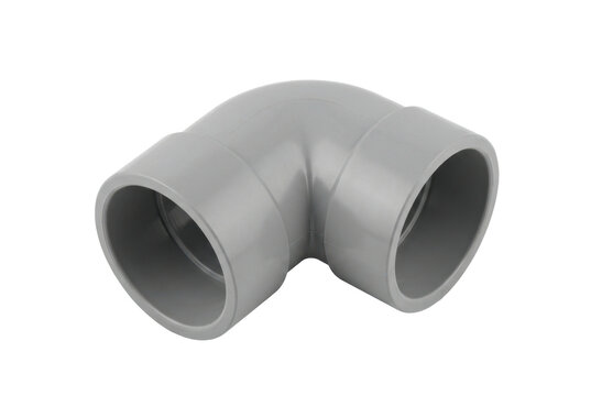 Grey PVC pipe elbow connector for plumbing systems on black background