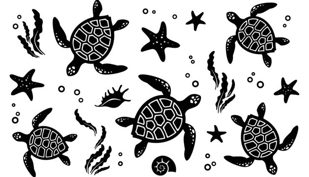 Seamless Pattern of Black Sea Turtles Starfish Seaweed and Shells Marine Ocean Life Vector Illustration