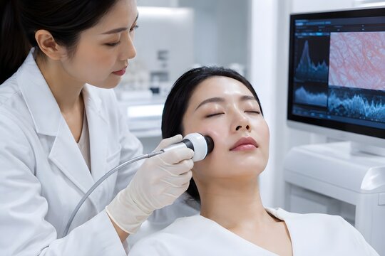 Dermatologist performing advanced facial skin analysis with digital imaging and diagnostic technology
