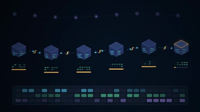 Abstract animated blocks appended to a blockchain ledger drawn as blue and cyan lines and dots on a deep dark background. Clean 4K motion graphics video element with free space around it, ideal for te