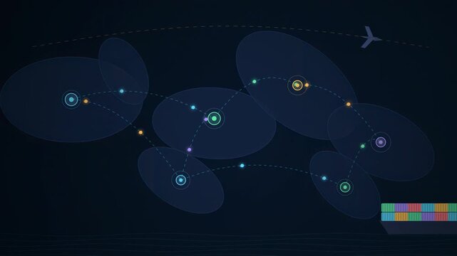 Abstract animated goods moving across a supply chain map drawn as cyan and teal lines and dots on a deep dark background. Clean 4K motion graphics video element with free space around it, ideal for lo