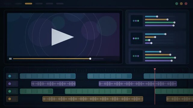 Abstract animated clips arranged on a video editing timeline drawn as cyan and teal lines and dots on a deep dark background. Clean 4K motion graphics video element with free space around it, ideal fo