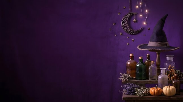 Halloween background with witch hat potion bottles and pumpkins on a dark purple wall with copy space