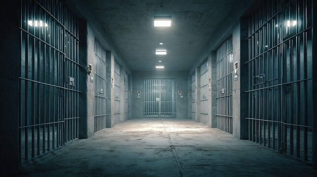 Dark and Gloomy Prison Corridor with Bars and Concrete Walls