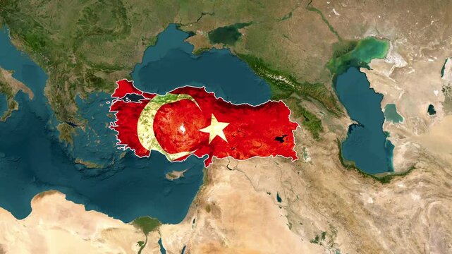 Turkey map with flag texture on satellite view of the world map