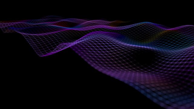 Abstract background with digital data in wave grid  with triangles on dark background. Concept dynamic waves in cyber quantum continuum. For technology, science and data visualization.