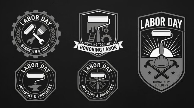 Vintage monochrome Labor Day badges and emblems for industry workers.