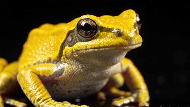 Macro of Vibrant Yellow Tree Frog on Black Background