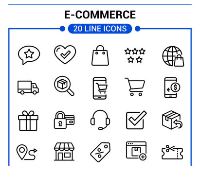A comprehensive set of 20 minimalist e-commerce line icons, depicting online shopping, delivery, payment, customer service, and digital retail processes, ideal for modern web and mobile applications.