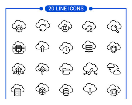 A comprehensive collection of outline vector icons representing various cloud computing concepts, including data storage, security, and synchronization, ideal for modern tech projects,