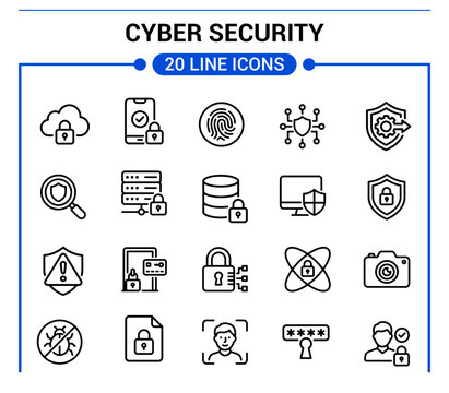 A robust set of outline vector icons focused on cyber security, data protection, privacy, and digital threats, perfect for illustrating modern online safety concepts, isolated on white.
