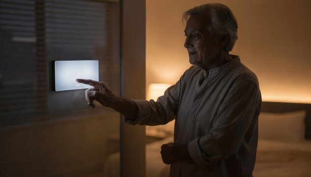 Medium shot of a senior activating night mode on a smart room panel with blurred surroundings featuring lowered blinds and warm subdued lighting for restful sleep.
