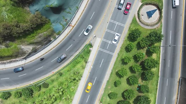 Top Down Drone View of a Road Junction with Traffic in Lima, Peru