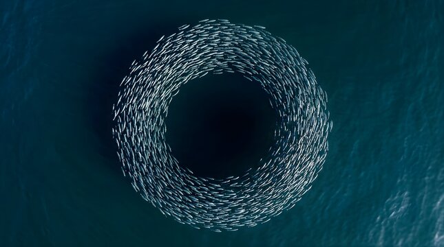 Aerial view of a large school of sardines forming a circular shape in ocean