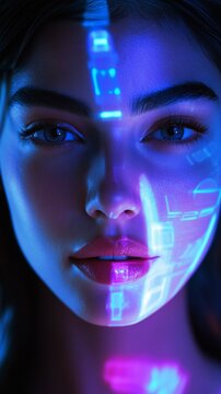 Artistic portrait in cyberpunk style with futuristic blue holographic projections on face illuminated by neon lights, creating a sci-fi atmosphere with pink and blue color scheme.