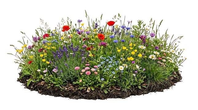 Vibrant Wildflower Meadow Island Isolated on White Background.
