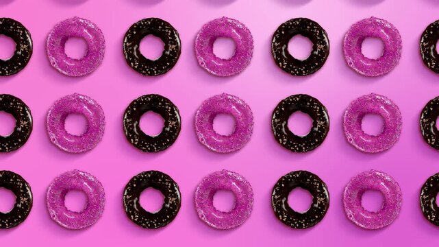 3D animation of rotating chocolate and pink glazed donuts in a repeating pattern on a vibrant pink background. Original 3D render, non-AI. 4K.