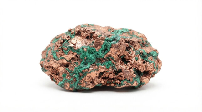 Native copper specimen with green malachite, raw copper mineral with natural patina, isolated on white background