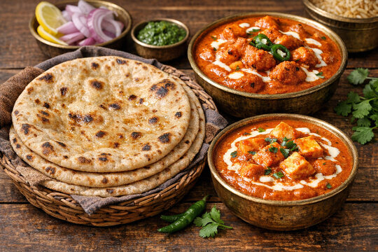 A variety of Indian cuisine on a wooden table, including naan bread and a curry with roti. Garnished with lemon wedges for taste.