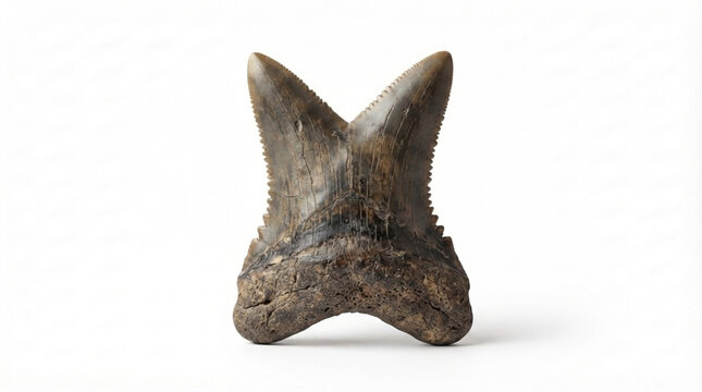 Fossil shark tooth with serrated double cusp and rooted base, isolated on white background