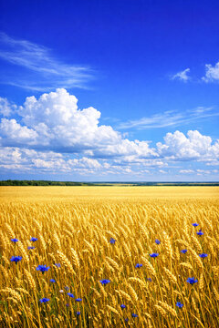 Countryside scene, yellow wheat field with blue flowers under a light blue sky