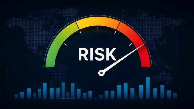 Digital gauge dashboard showing a high risk measurement with the needle pointing to the red critical zone above financial performance charts.