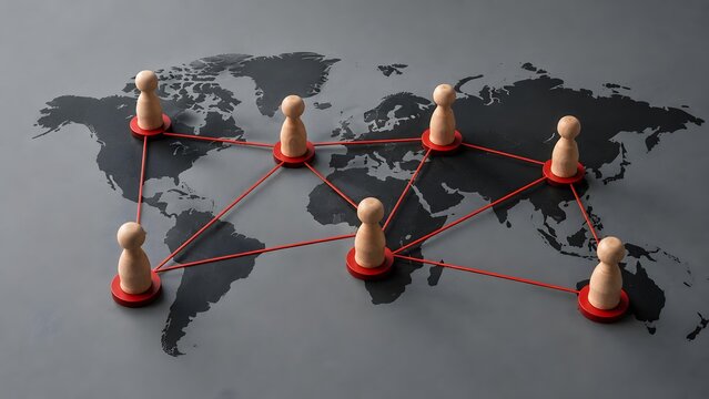 Wooden figures connected by red lines across a dark world map representing a global business network and international team communication.
